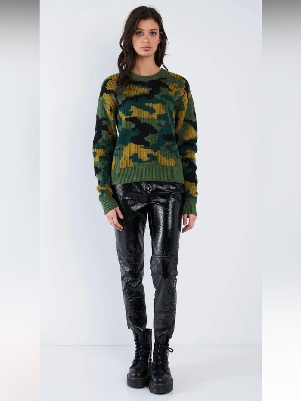 Gilli Green Black and Mustard Camouflage Crewneck Sweater